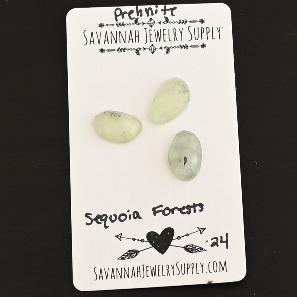 Sequoia Forest Rose Cut Prehnite Cabochon Parcel shown on business card