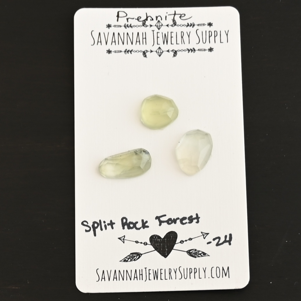 Split Rock Forest Rose Cut Prehnite Cabochon Parcel shown on business card