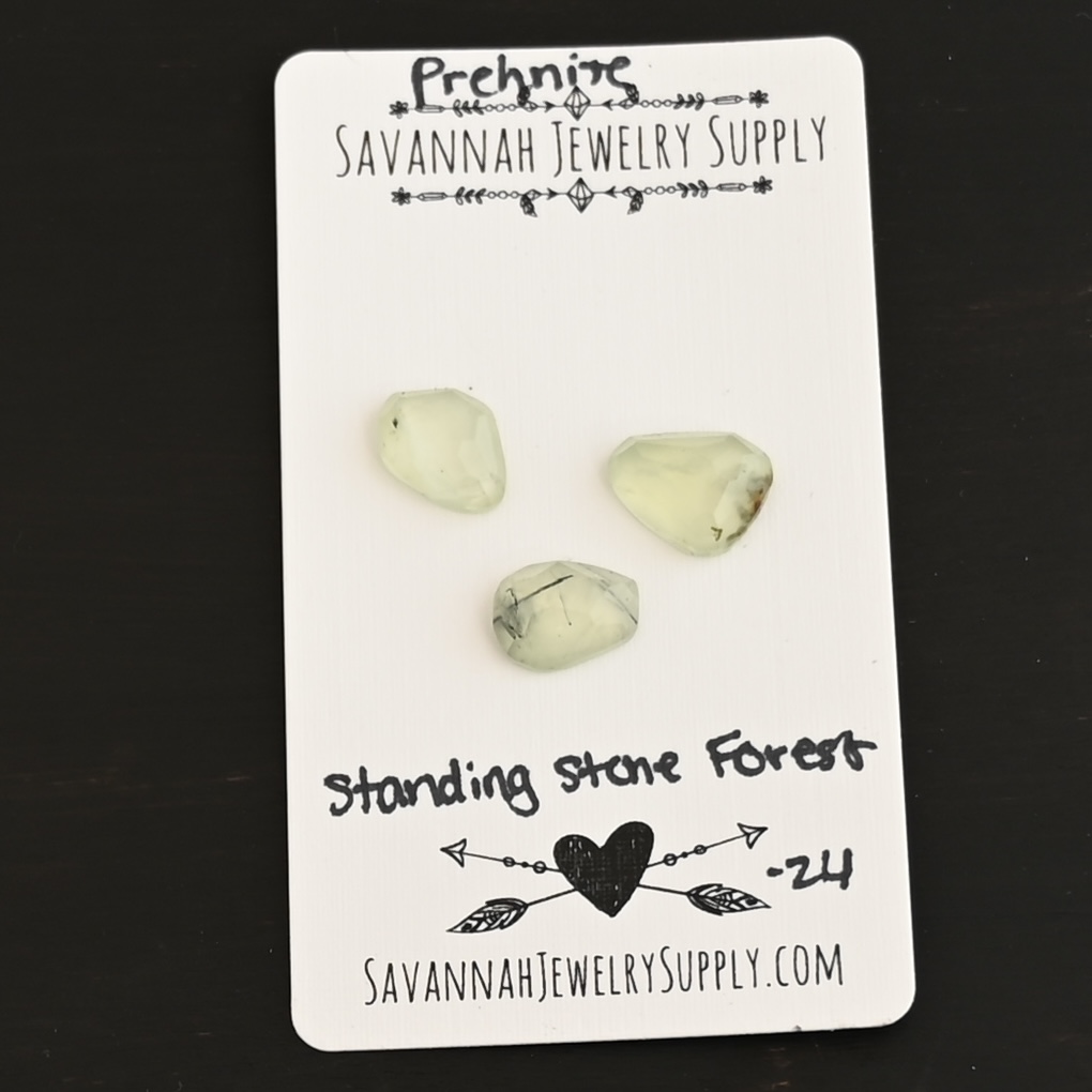 Standing Stone Forest Rose Cut Prehnite Cabochon Parcel shown on business card