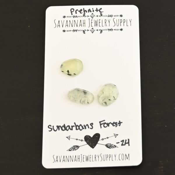 Sundarbans Forest Rose Cut Prehnite Cabochon Parcel shown on business card