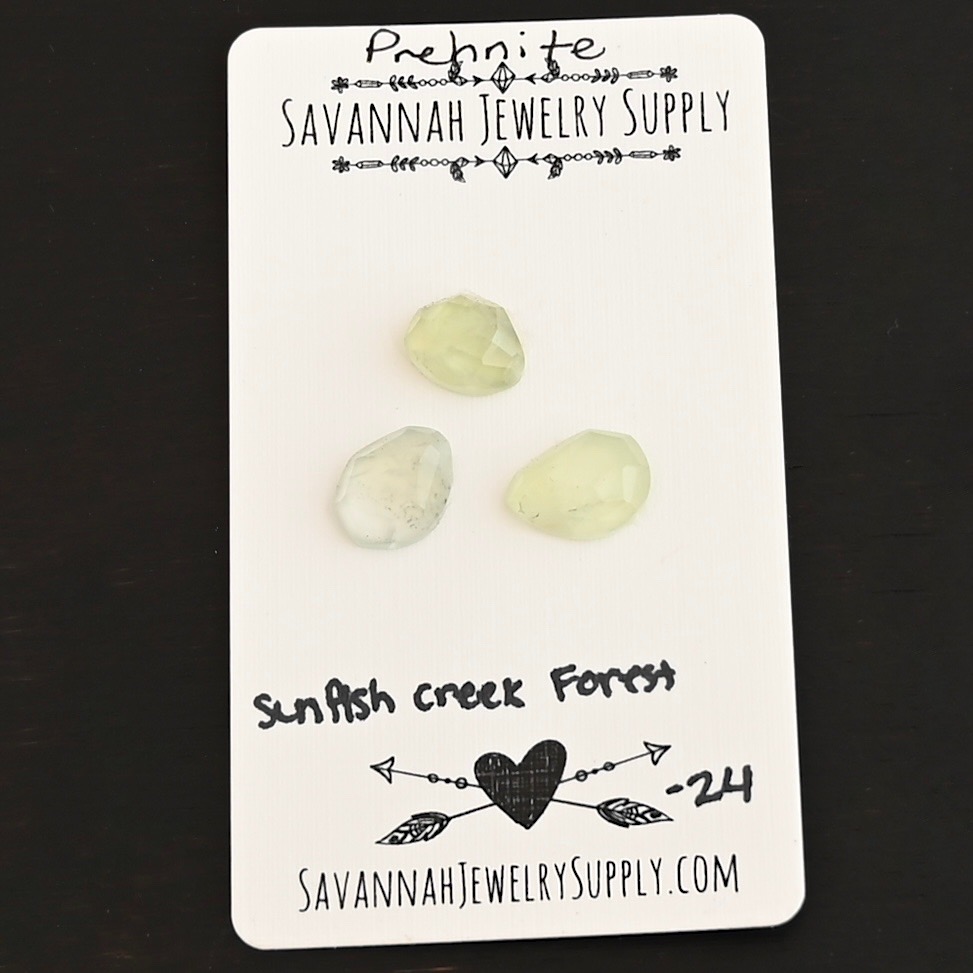 Sunfish Creek Forest Rose Cut Prehnite Cabochon Parcel shown on business card