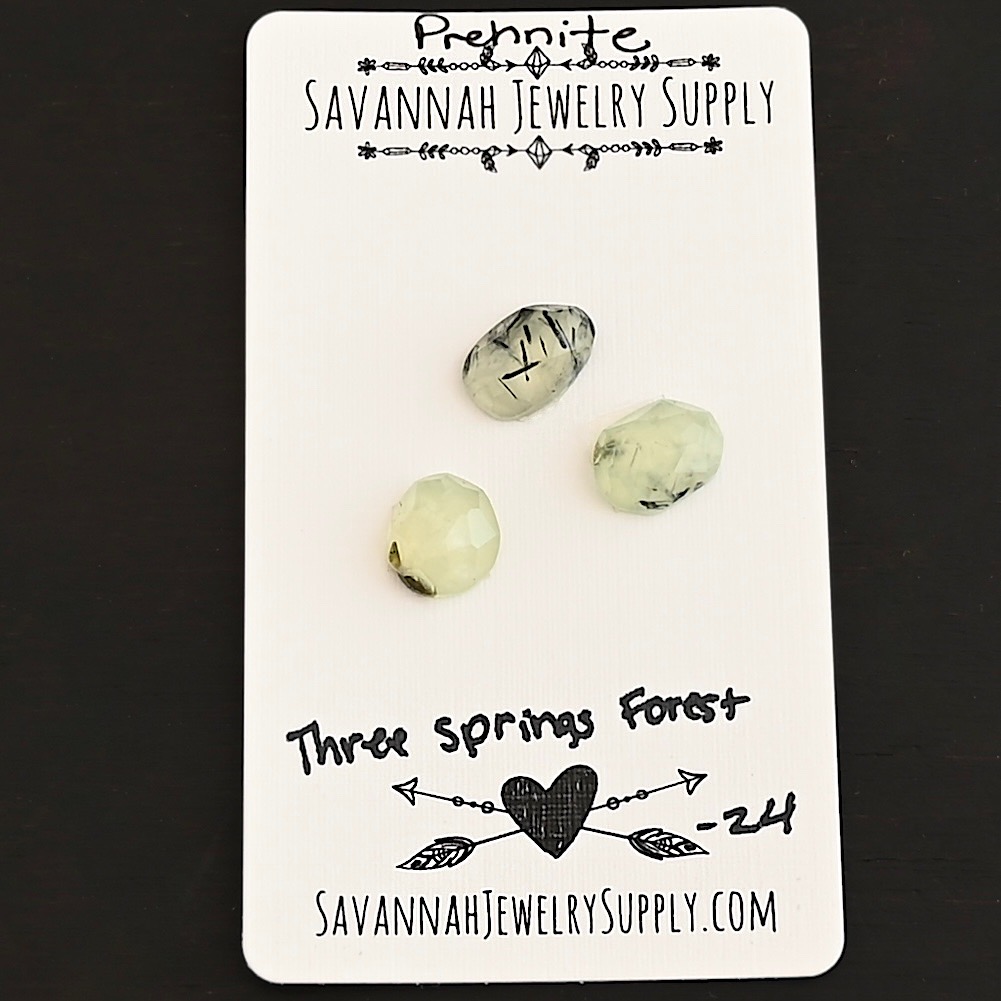 Three Springs Forest Rose Cut Prehnite Cabochon Parcel shown on business card