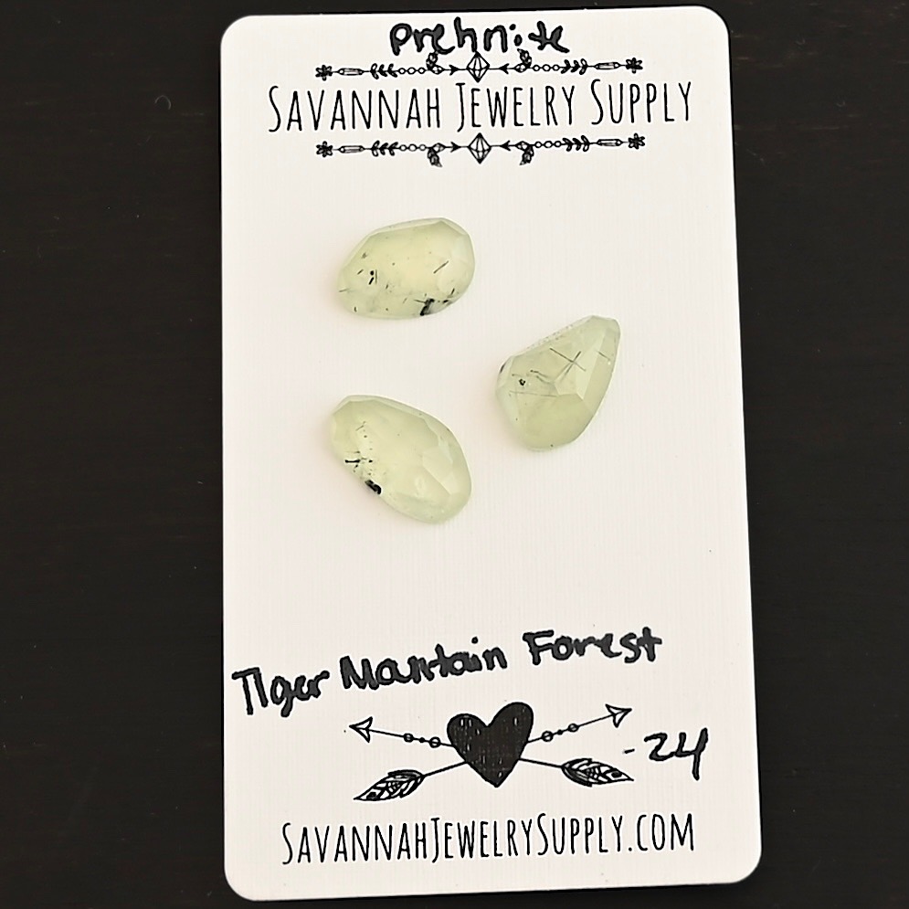 Tiger Mountain Forest Rose Cut Prehnite Cabochon Parcel shown on business card