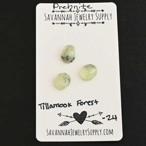 Tillamook Forest Rose Cut Prehnite Cabochon Parcel shown on business card