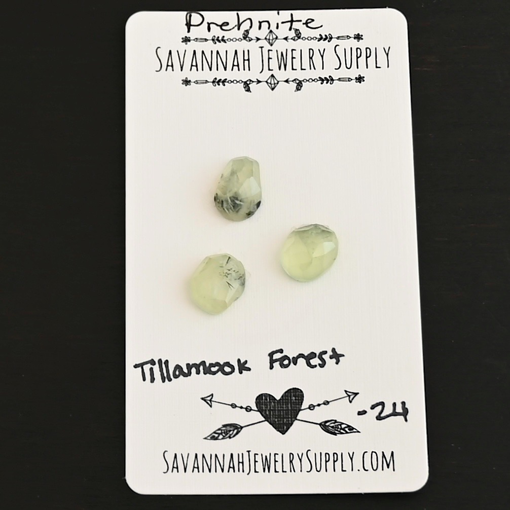 Tillamook Forest Rose Cut Prehnite Cabochon Parcel shown on business card