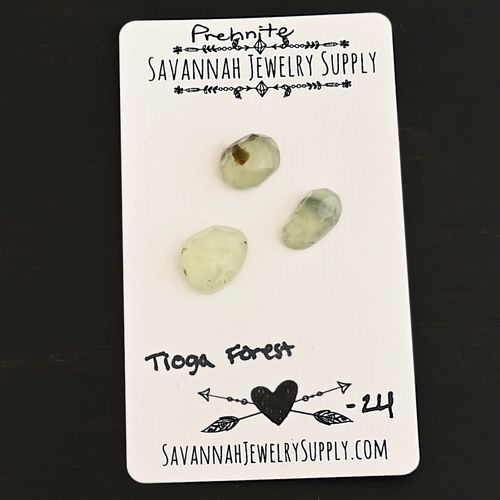 Tioga Forest Rose Cut Prehnite Cabochon Parcel shown on business card