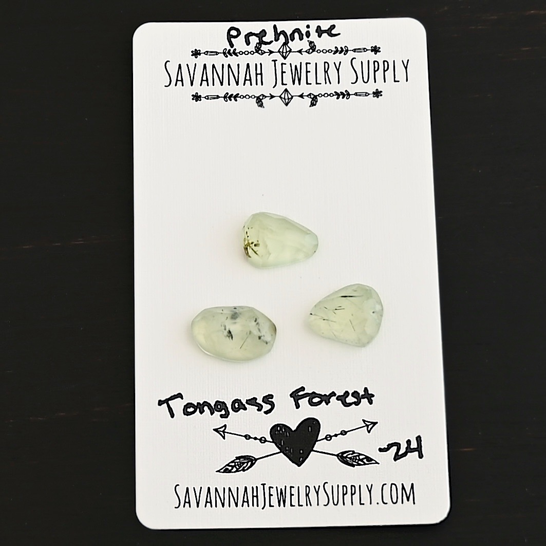 Tongass Forest Rose Cut Prehnite Cabochon Parcel shown on business card