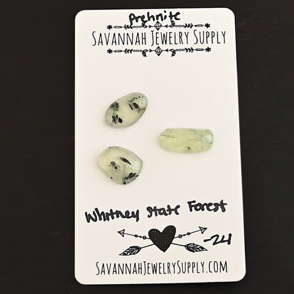Whitney State Forest Rose Cut Prehnite Cabochon Parcel shown on business card