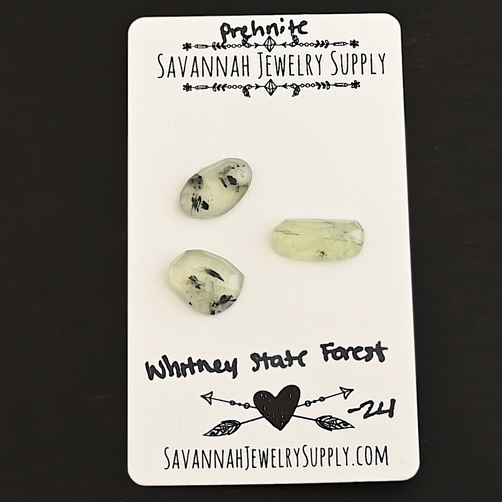 Whitney State Forest Rose Cut Prehnite Cabochon Parcel shown on business card
