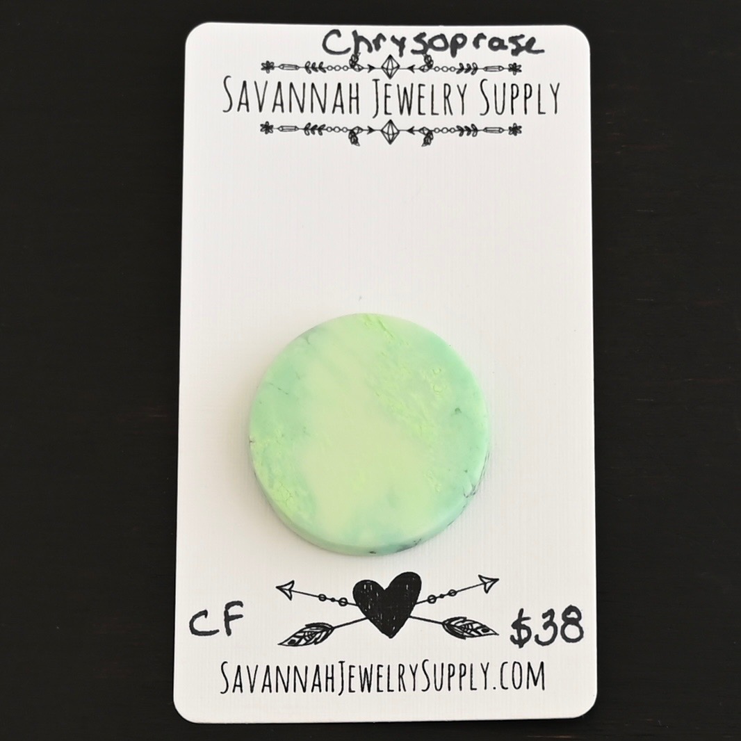 CF Chrysoprase Cabochon Parcel shown on business card