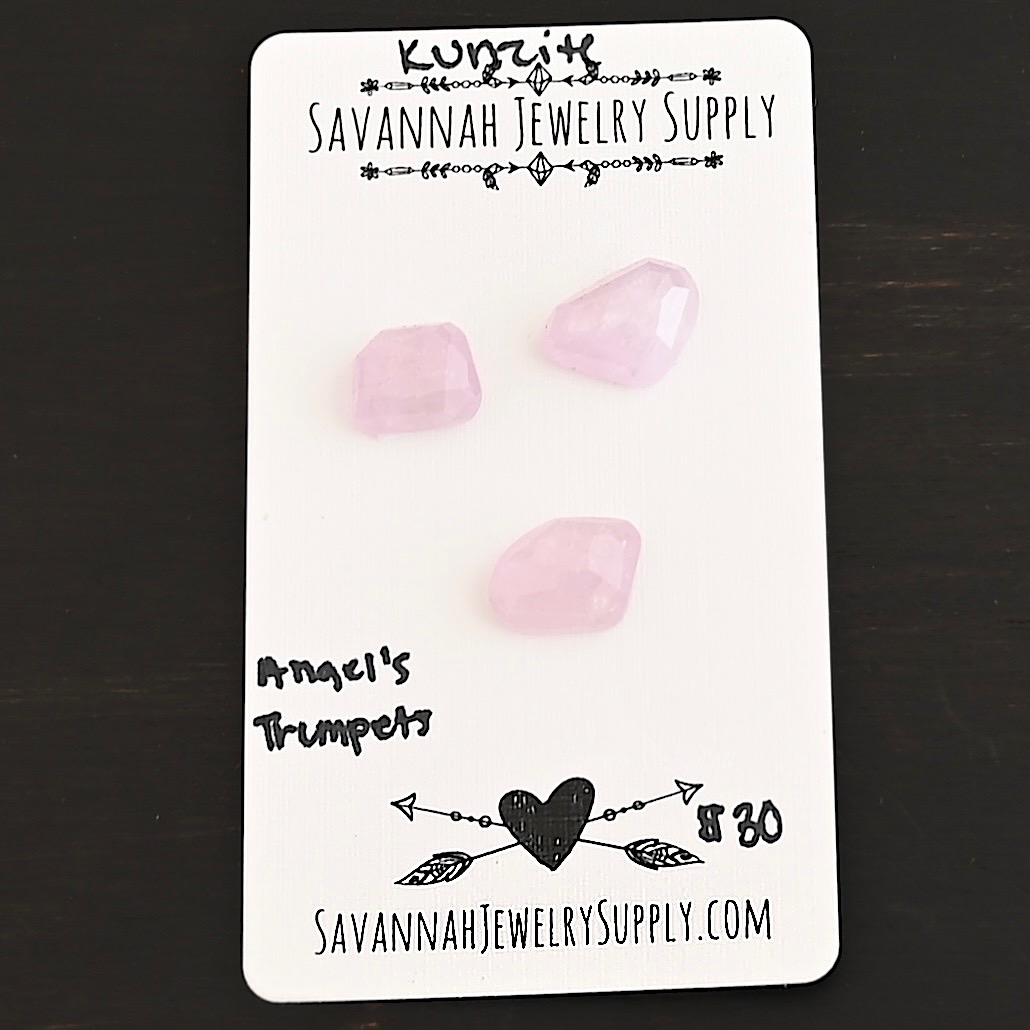 Angel's Trumpets Rose Cut Kunzite Cabochon Parcel shown on business card