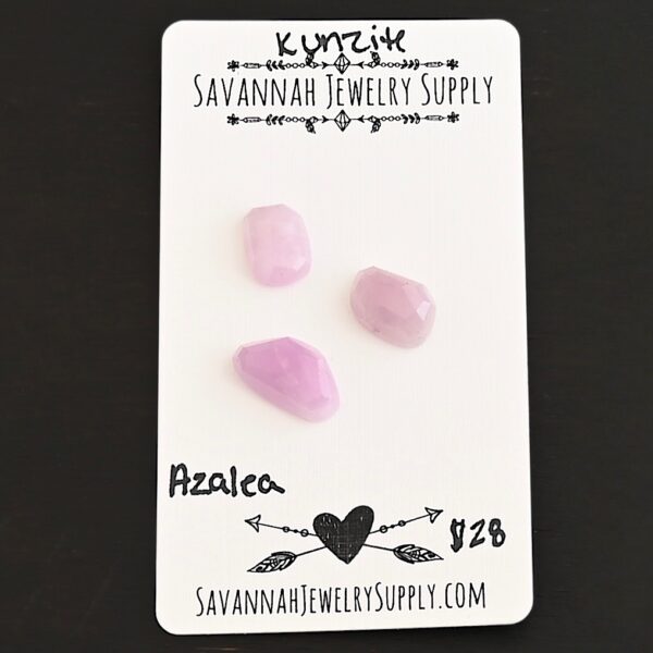 Azalea Rose Cut Kunzite Cabochon Parcel shown on business card