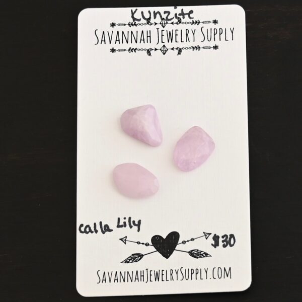 Calla Lily Rose Cut Kunzite Cabochon Parcel shown on business card