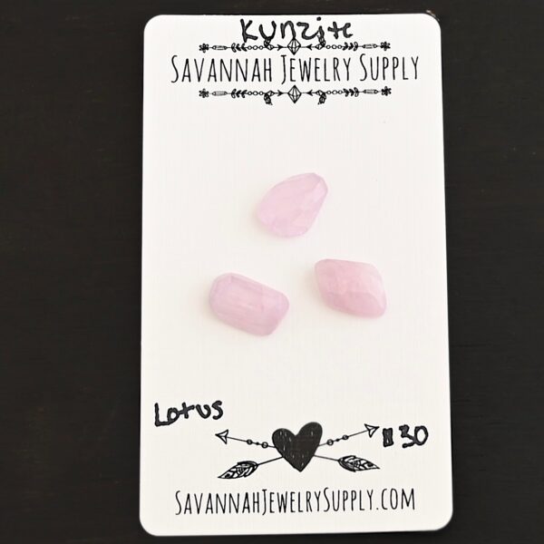 Lotus Rose Cut Kunzite Cabochon Parcel shown on business card