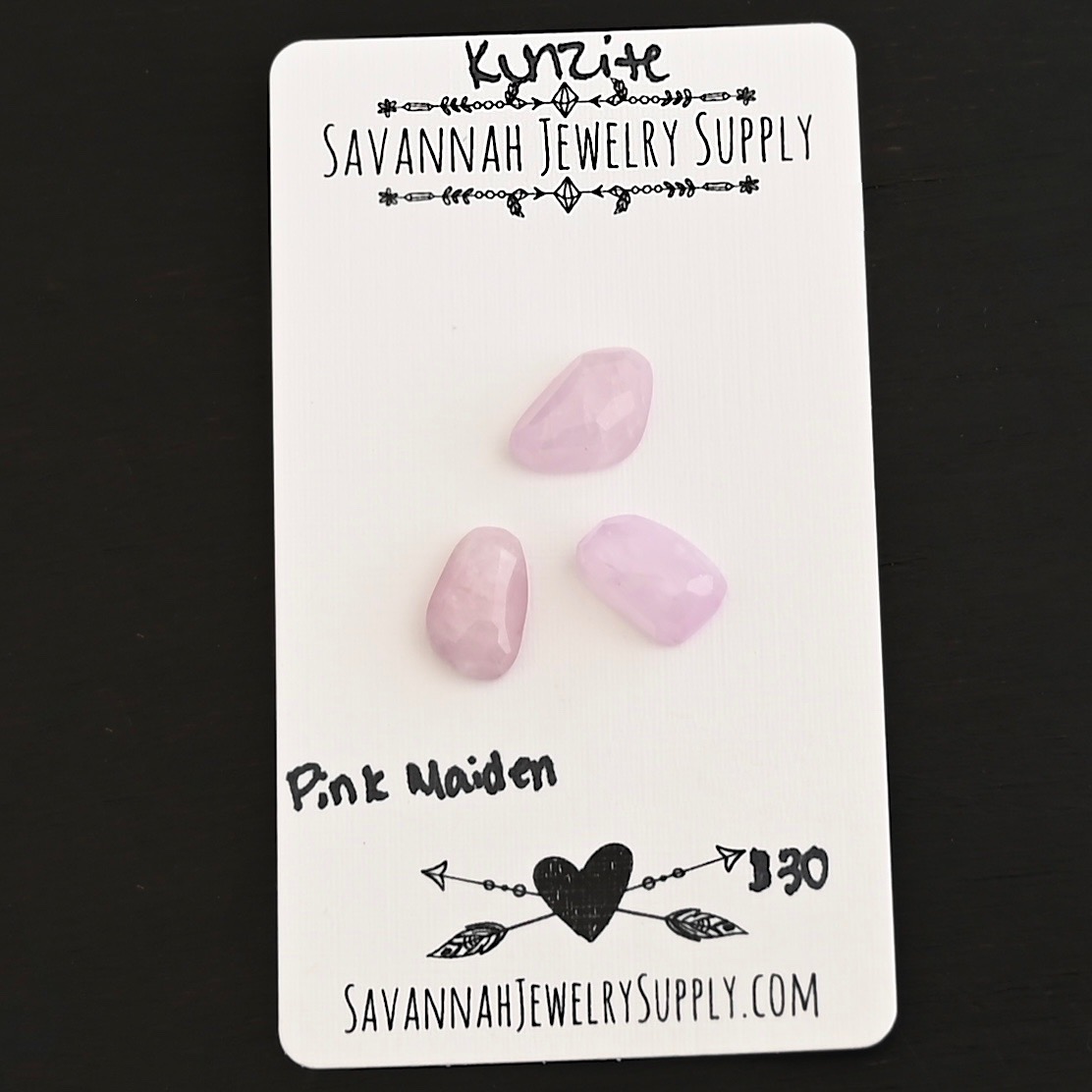 Pink Maiden Rose Cut Kunzite Cabochon Parcel shown on business card