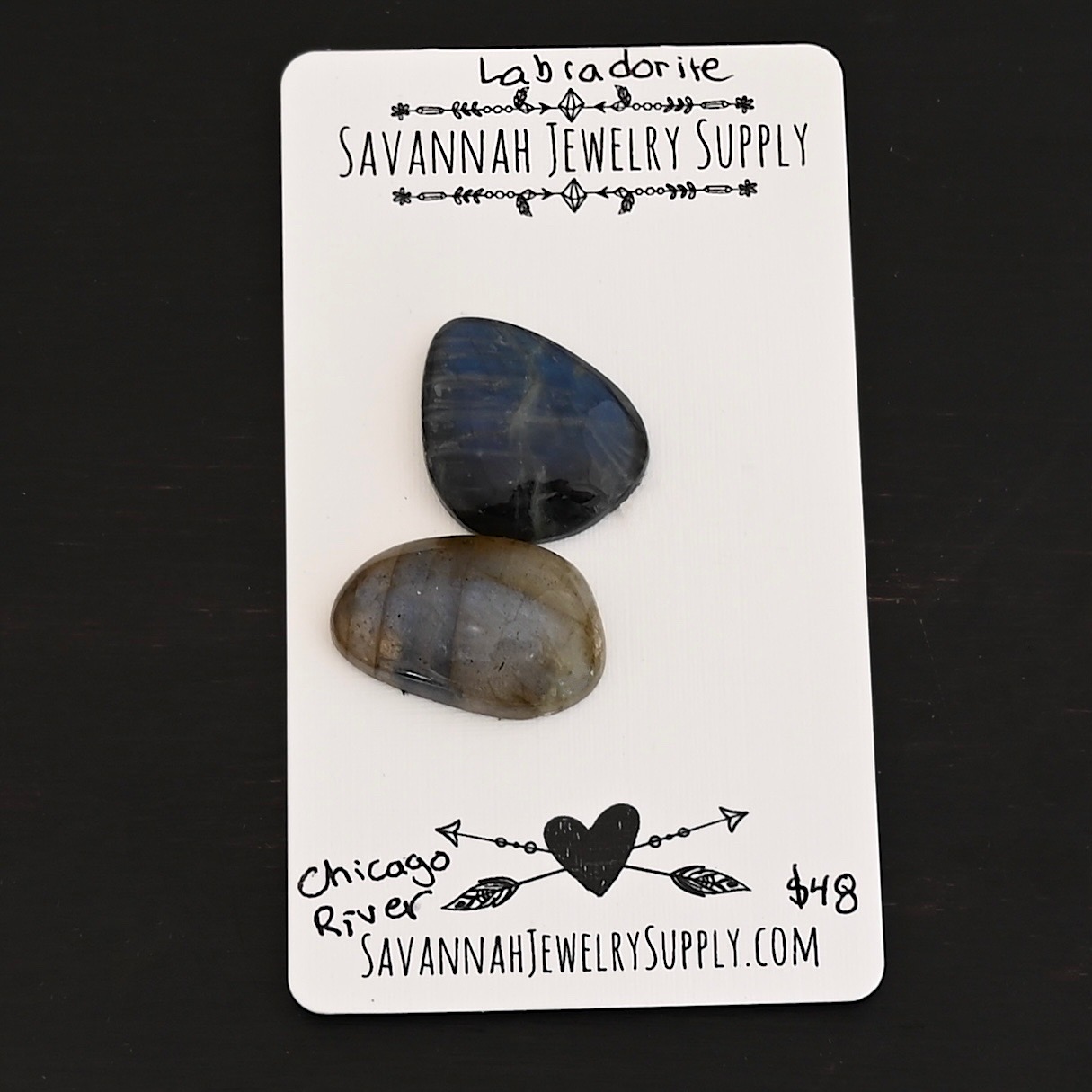 Chicago River Labradorite Cabochon Parcel shown on business card
