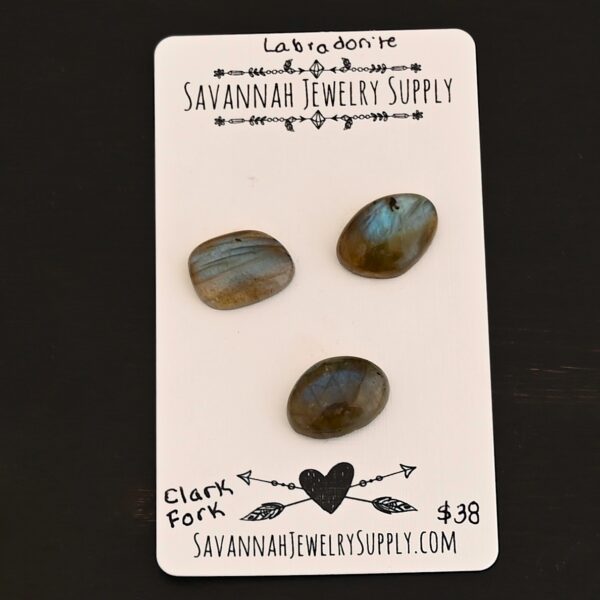Clark Fork River Labradorite Cabochon Parcel shown on business card