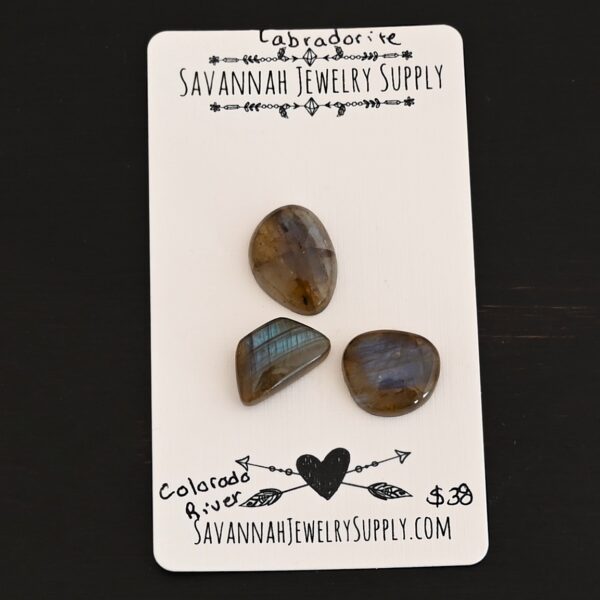 Colorado River Labradorite Cabochon Parcel shown on business card