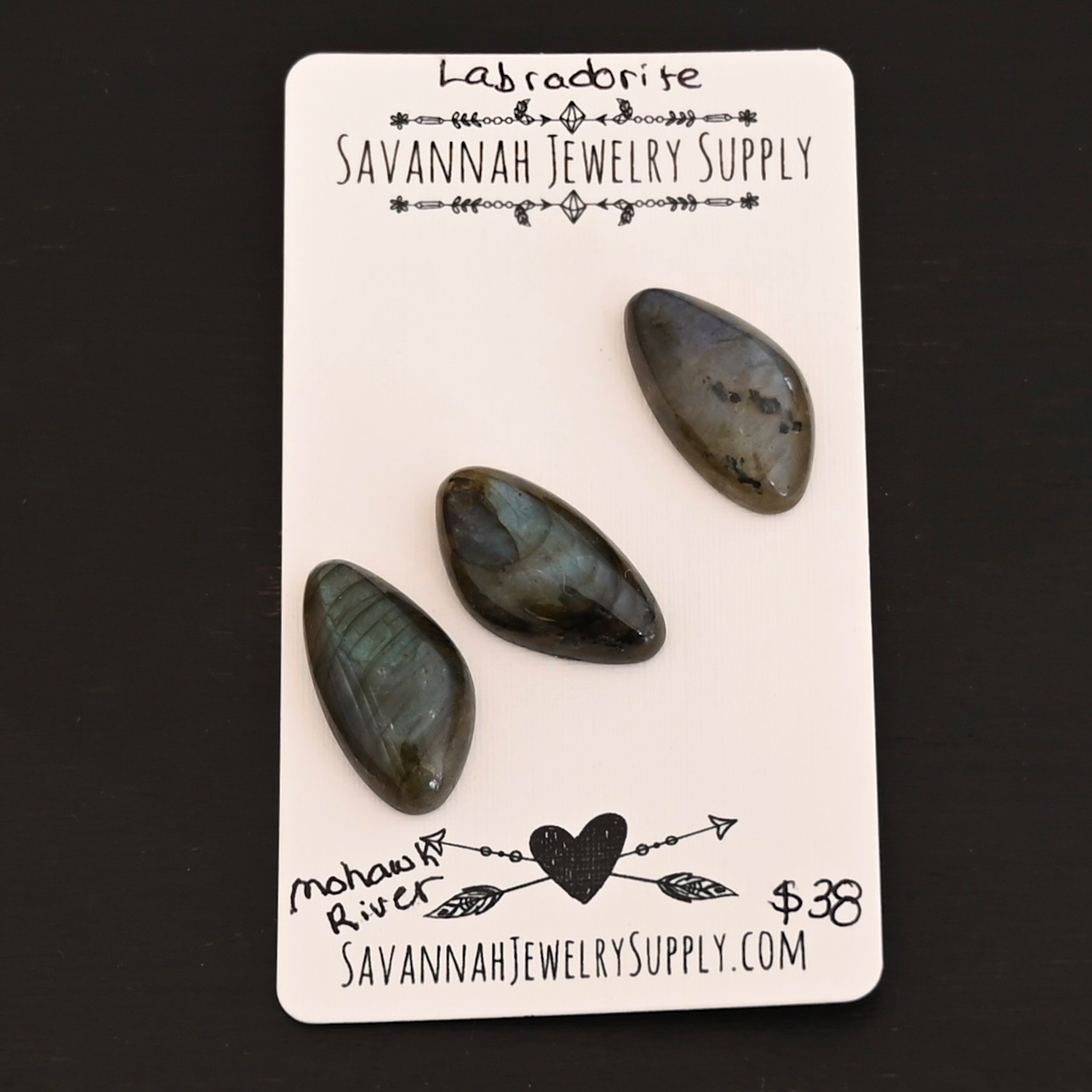 Mohawk River Labradorite Cabochon Parcel shown on business card