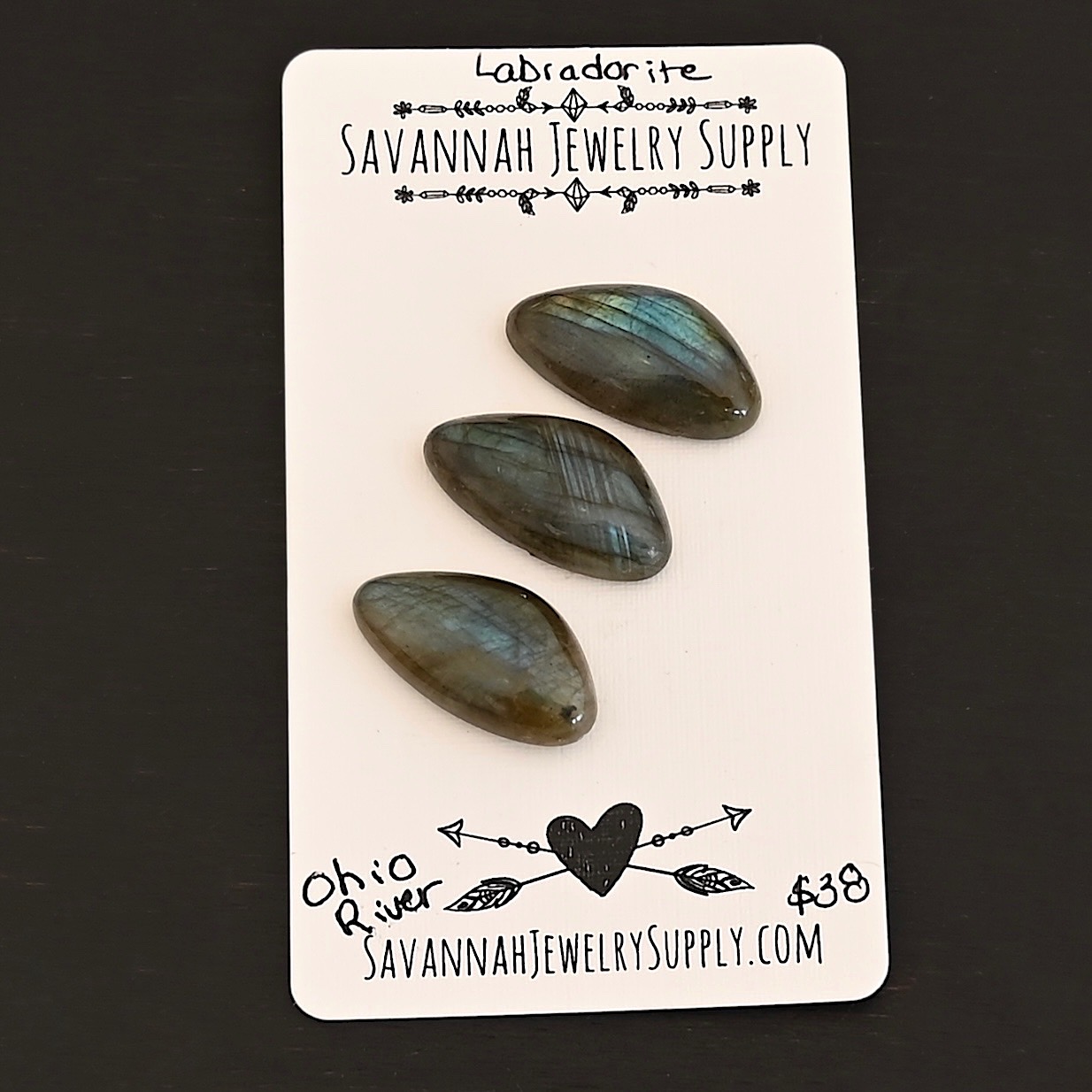 Ohio River Labradorite Cabochon Parcel shown on business card
