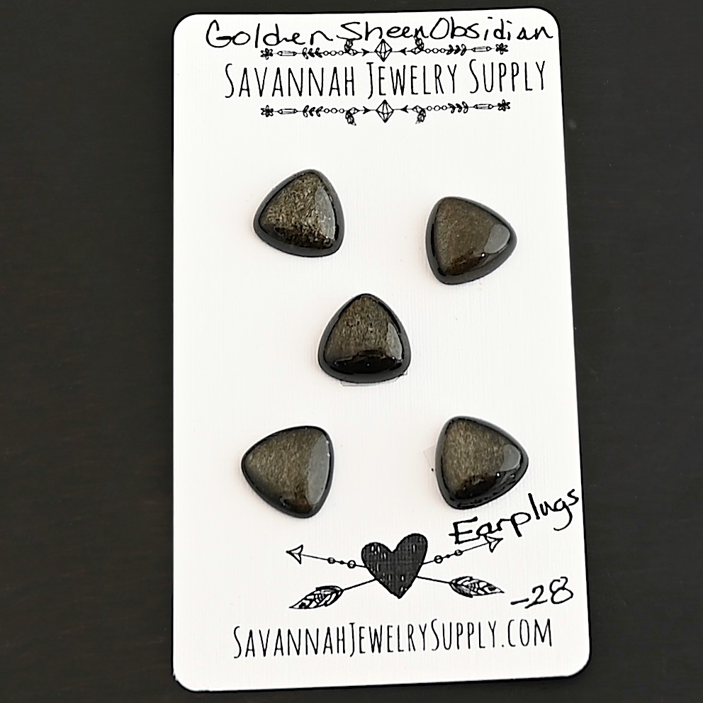Earplugs Golden Sheen Obsidian Cabochon Parcel shown on business card
