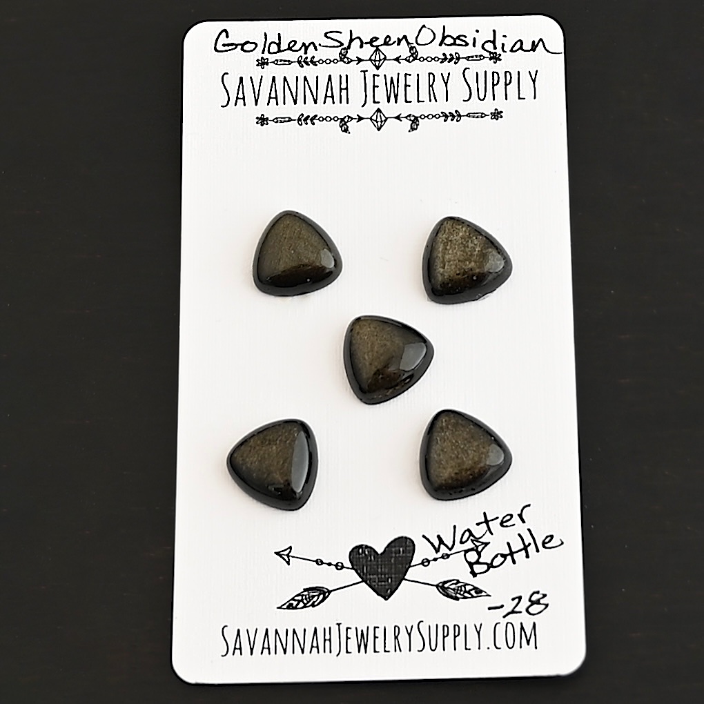 Water Bottle Golden Sheen Obsidian Cabochon Parcel shown on business card