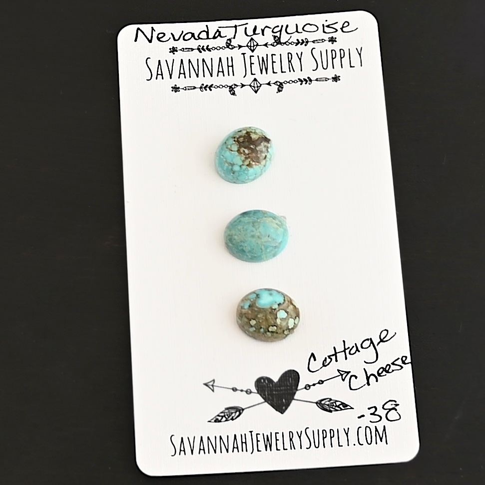 Cottage Cheese Turquoise Cabochon Parcel shown on business card