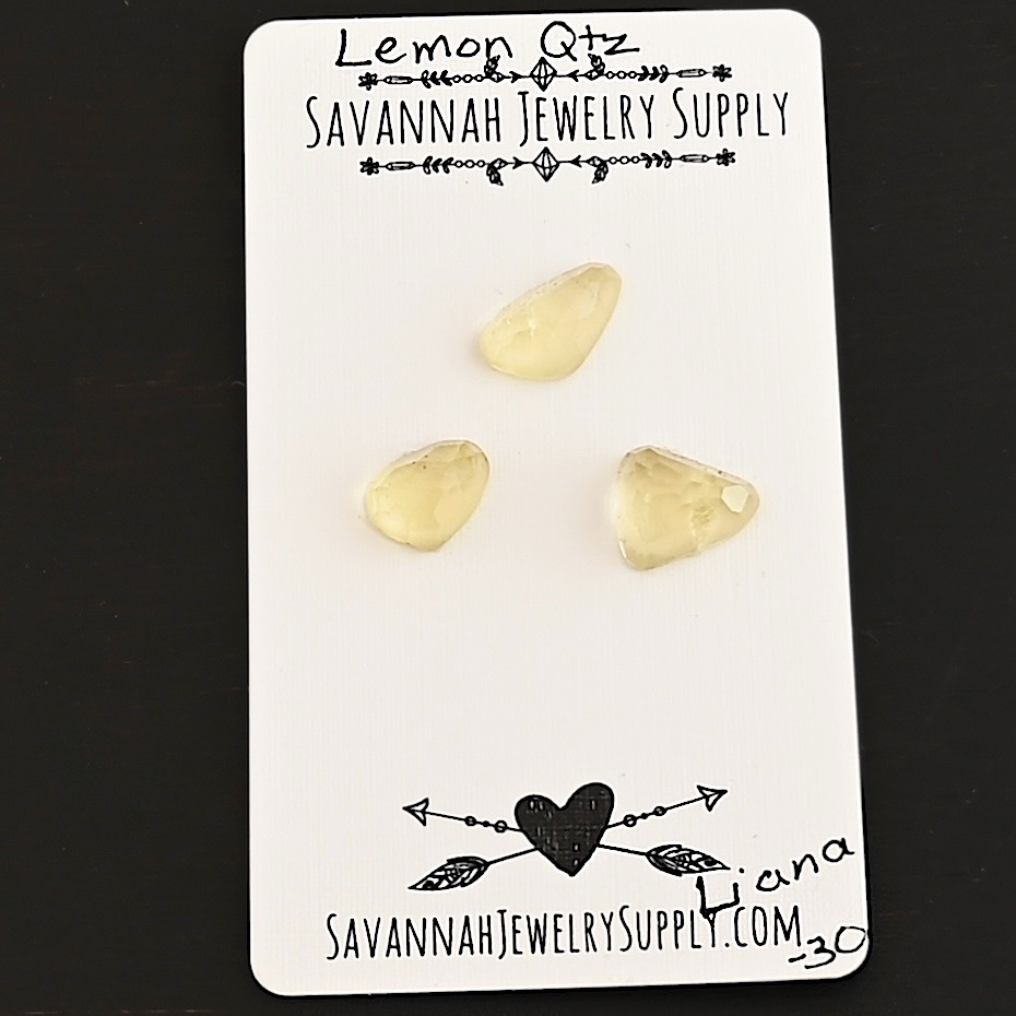 Liana Rose Cut Lemon Quartz Cabochon Parcel shown on business card